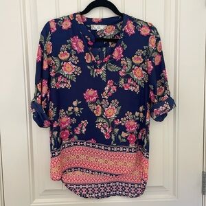 Blue Pink Orange Floral Blouse, Size XS, Womens Casual Lightweight Top